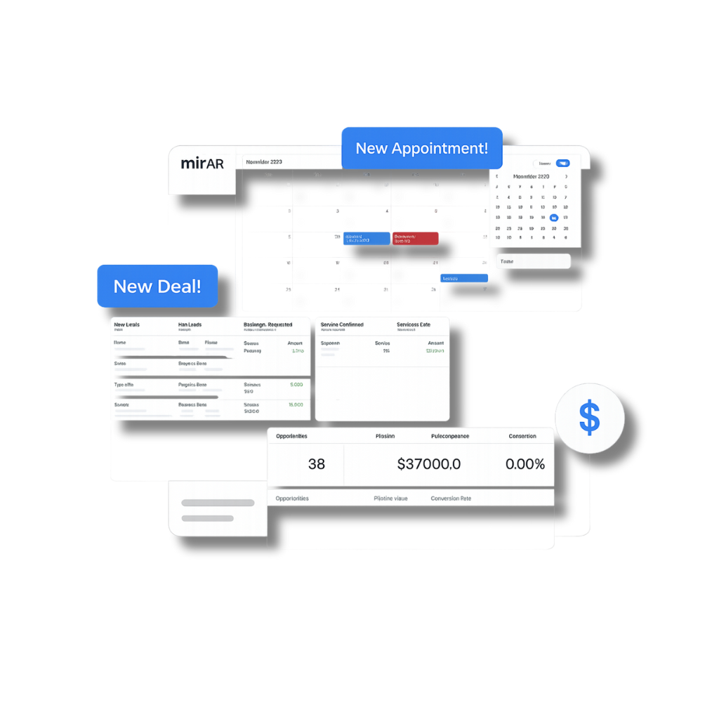 mirrAR CRM dashboard showing new lead entries, appointments, and revenue pipeline for jewelry businesses.