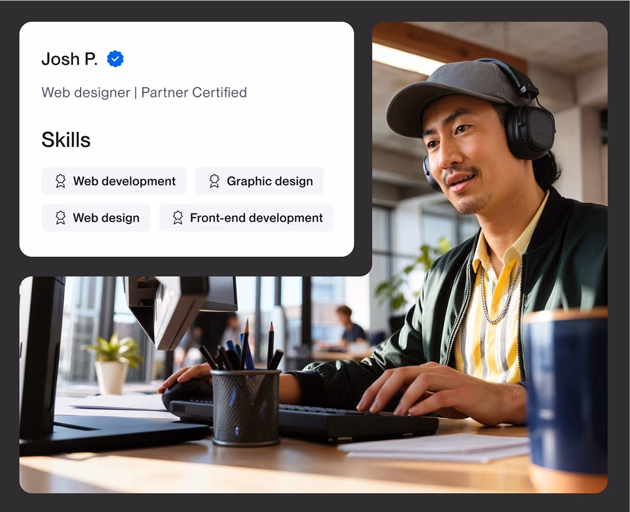 Freelancer working at a computer with a profile showing partner-certified skills and certifications.