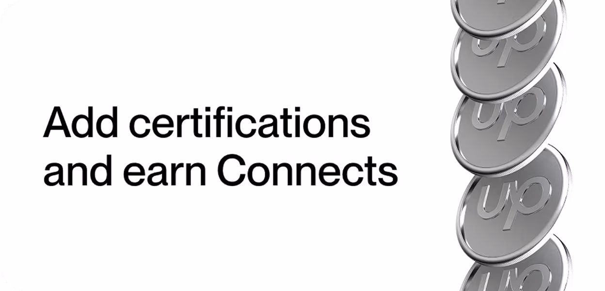 Coins stacked next to text about earning Connects by linking certifications.