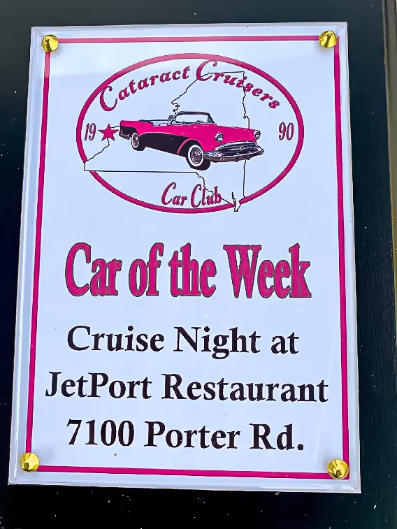Cataract Cruisers car of the week plaque presented weekly at the JetPort Restaurant in Niagara Falls, NY.