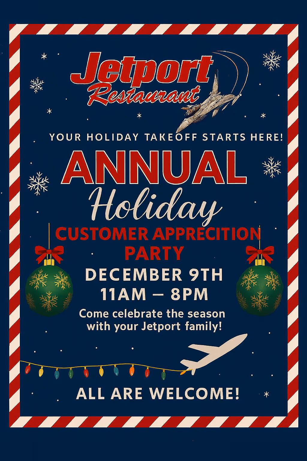 Holiday-themed flyer for Jetport Restaurant's annual customer appreciation party on December 9th from 11 AM to 8 PM with festive ornaments, snowflakes, and airplane graphics.