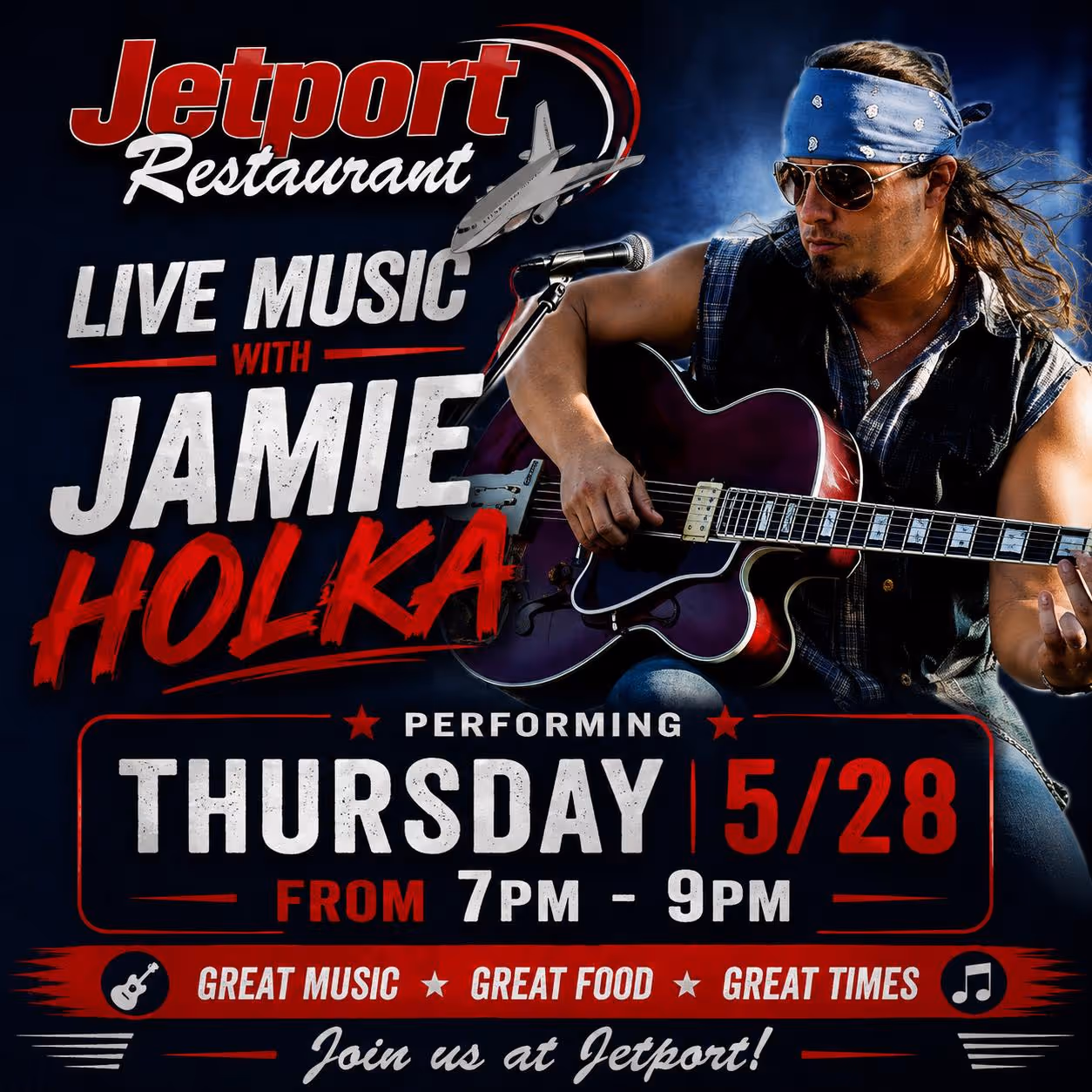 Man with bandana and sunglasses playing guitar, promoting live music with Jamie Holka at Jetport.
