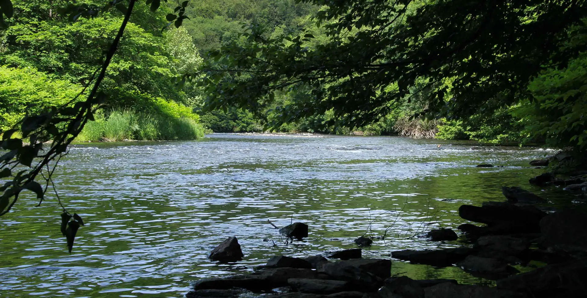 Naturbelassene Flusslandschaft, wie sie typisch für den Verlauf der Wupper im Bereich von Remscheid ist, etwa im Müngstener Brückenpark, Naturschutzgebiet Wupper und Wupperhänge oder Eschbachtal.