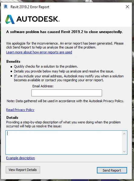 Autodesk error report, image