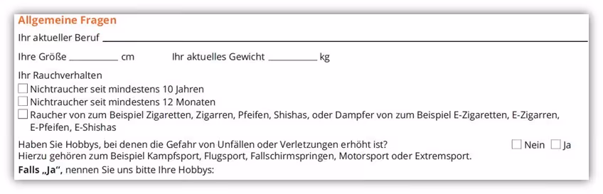 Rauchverhalten und allgemeine Fragen Dortmunder Risikolebensversicherung