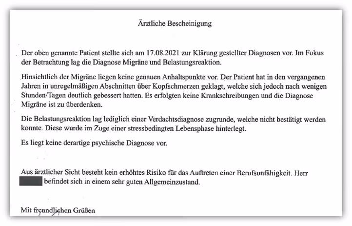 Ärztliches Attest - Migräne u. Belastungsreaktion