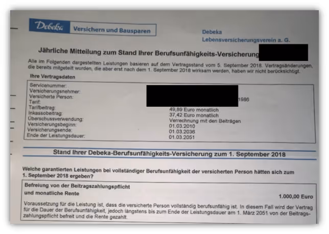 Debeka Berufsunfähigkeitsversicherung - 1000€ Rente 