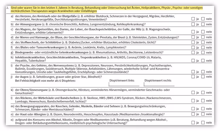 Gesundheitsfragen AXA-DBV BU Dienstunfähigkeitsversicherung