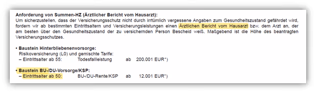Allianz  - medizinische Untersuchungsgrenze (BU) - ärztliches Zeugnis Berufsunfähigkeitsversicherung - Ärztlicher Bericht