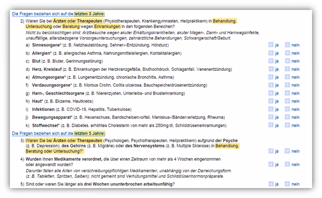 Gesundheitsfragen BU Allianz (Berufsunfähigkeitsversicherung)