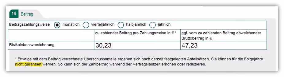 Risikolebensversicherung Zahlbeitrag und Tarifbeitrag