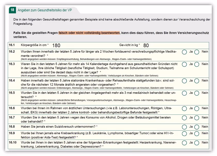 Risikolebensversicherung LV1871 Gesundheitsfragen