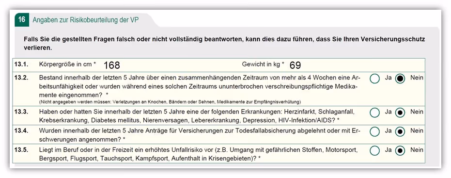 vereinfachte verkürzte Gesundheitsfragen Gesundheitsprüfung LV1871