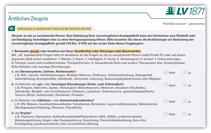 Ärztliche Untersuchung Zeugnis Risikolebensversicherung LV 1871
