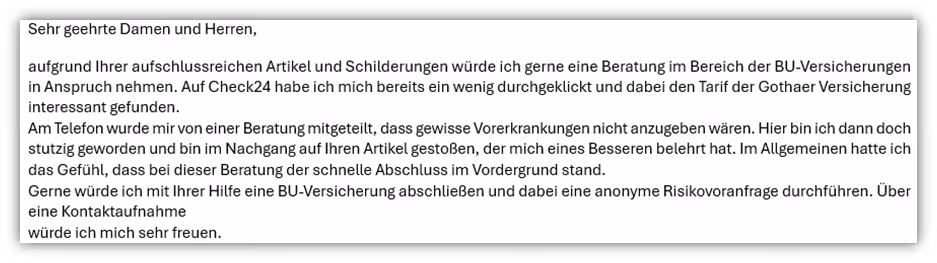 Anfrage Check24 BU Versicherung Gothaer