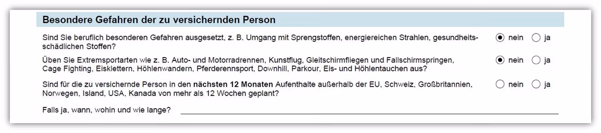 Besondere Gefahren versicherte Person