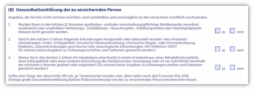 Baloise Risikolebensversicherung Gesundheitsfragen Familien Antrag bei und vor Geburt eines Kindes