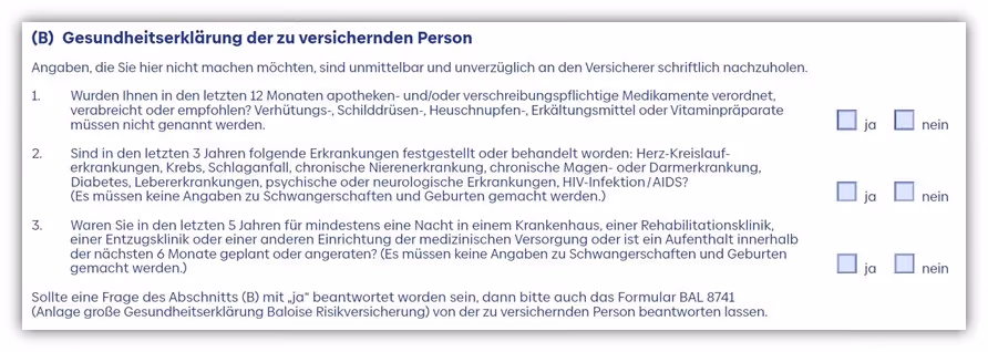 1. Baloise Risikolebensversicherung Gesundheitsfragen Familien Antrag bei und vor Geburt eines Kindes