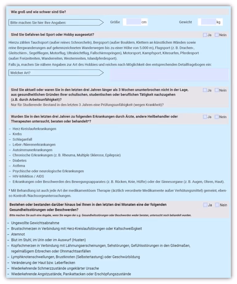 Gesundheitsfragen Hannoversche Berufsunfähigkeitsversicherung Aktion junge Leute