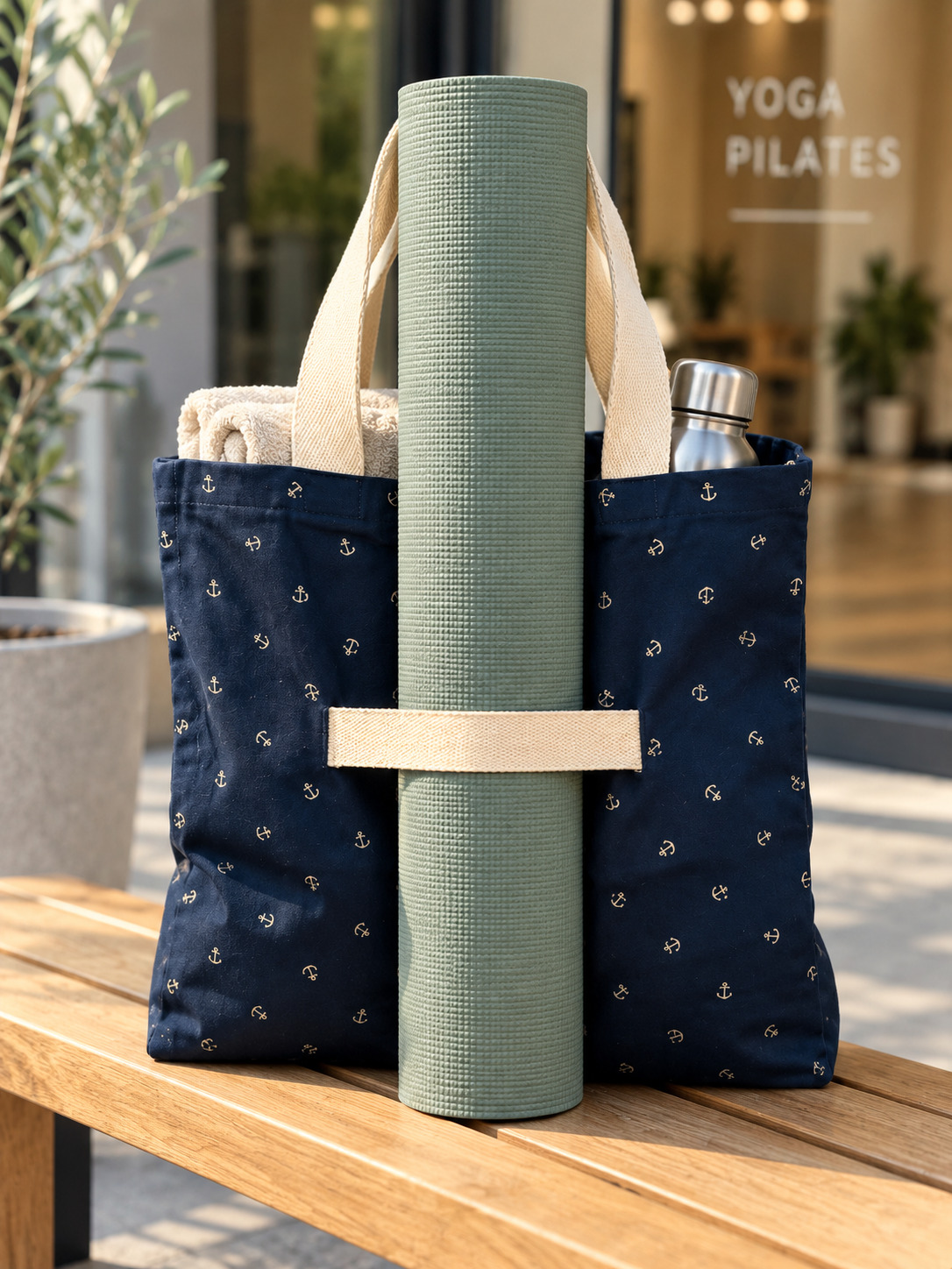 Navy Anchor Yoga Tote Setup
