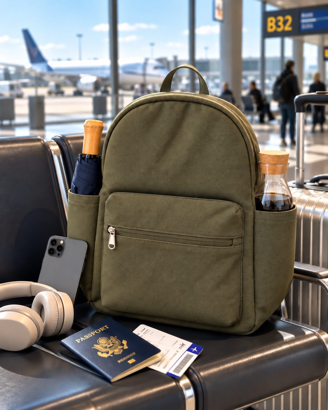 Olive backpack, airport