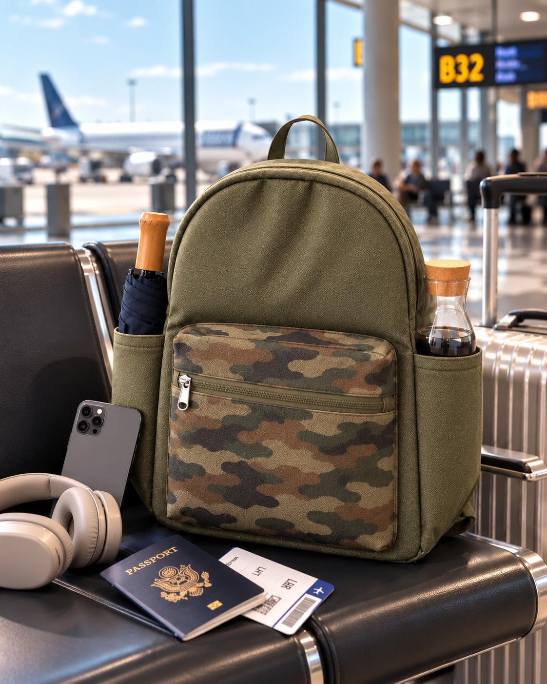 Washed Green backpack, airport