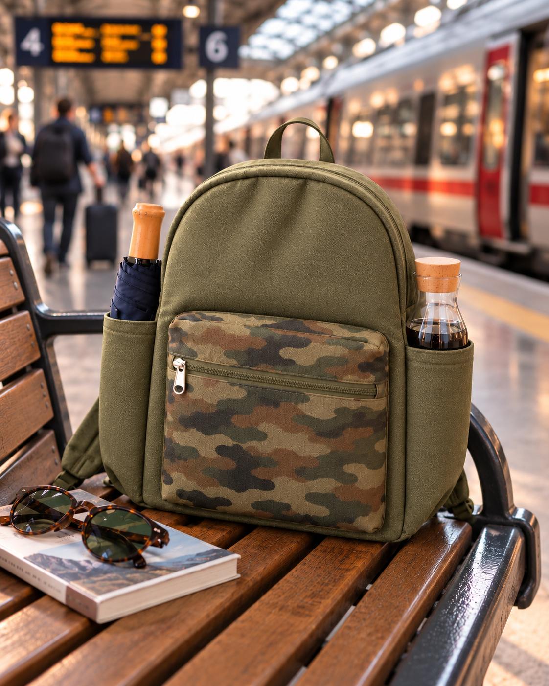 Washed Green backpack, train platform