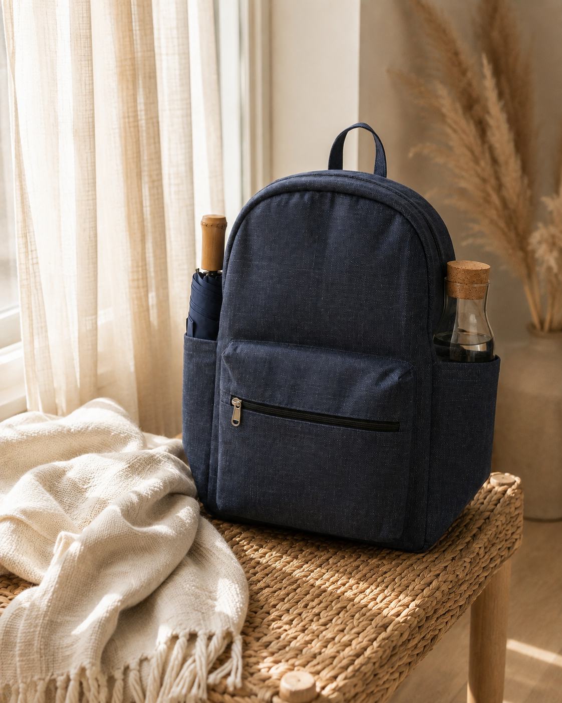 Slub Denim backpack, by the window