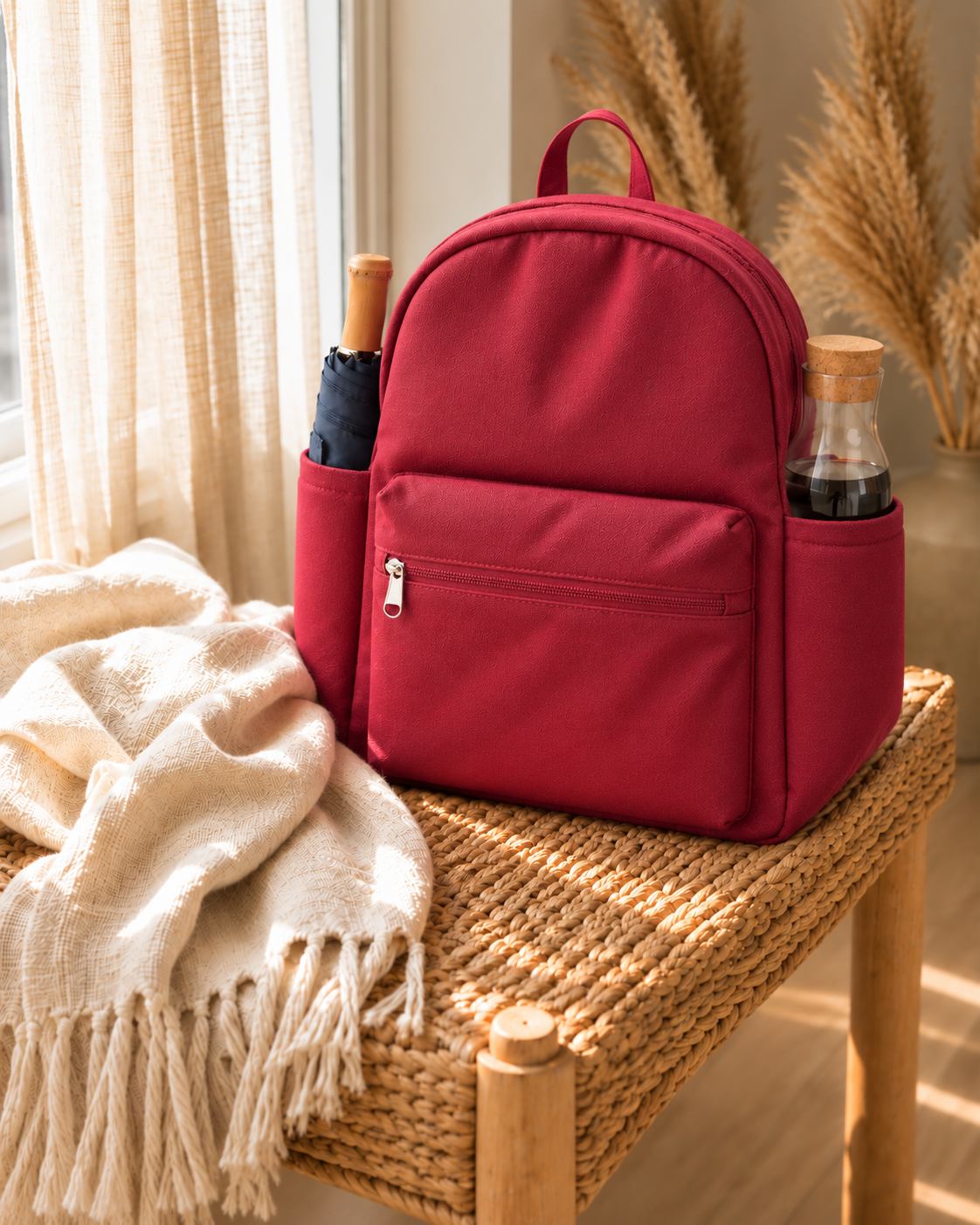 Pinkish Maroon backpack, still life