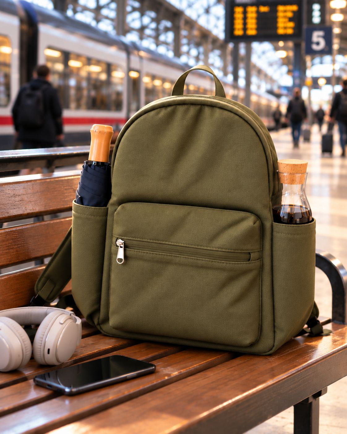 Olive backpack, train platform