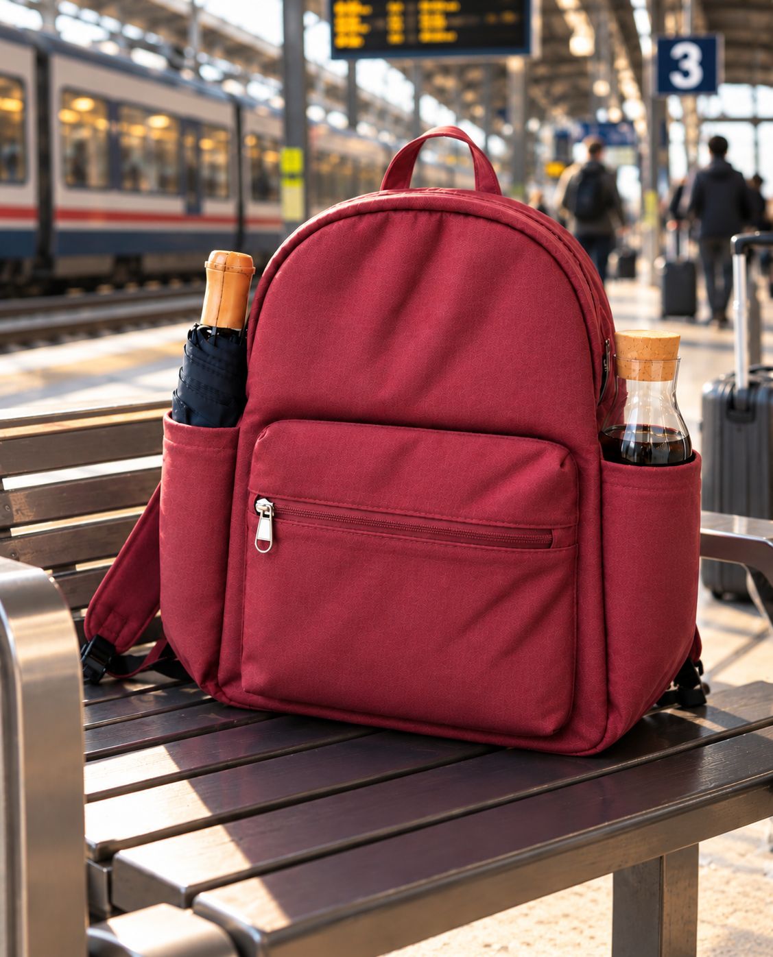 Pinkish Maroon backpack, train platform