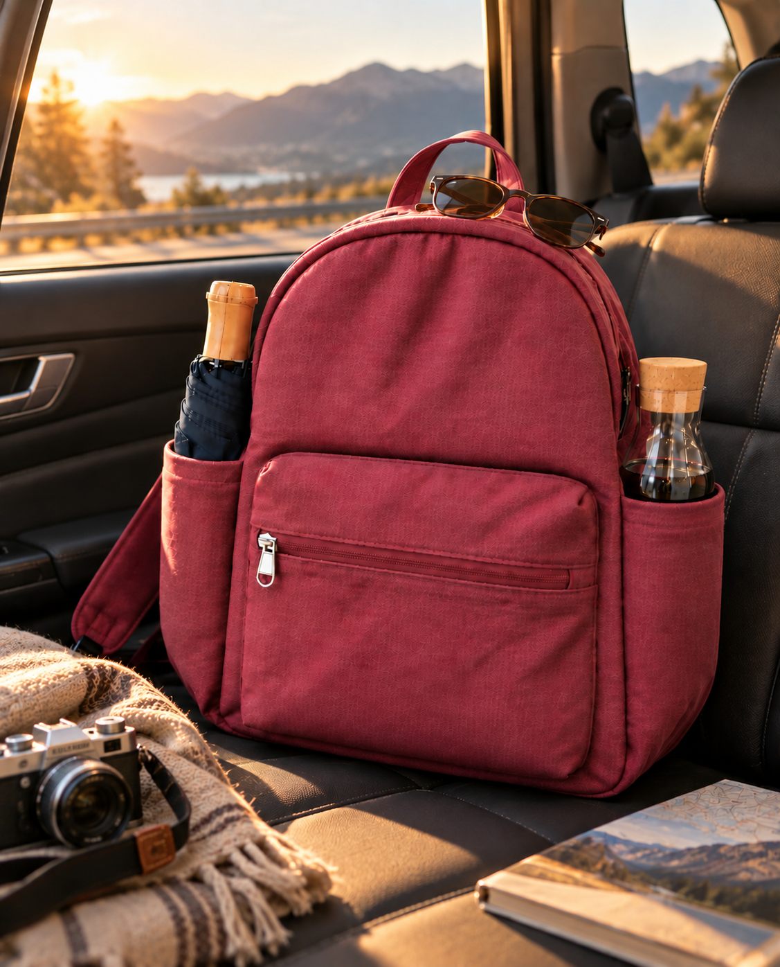 Pinkish Maroon backpack, road trip