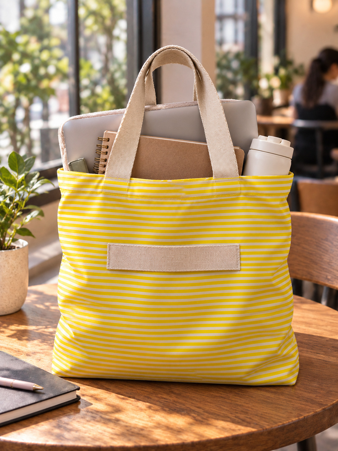 Yellow Stripes tote, café workspace