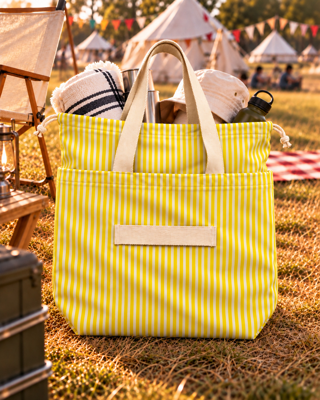 Yellow Stripes cinch tote, camping