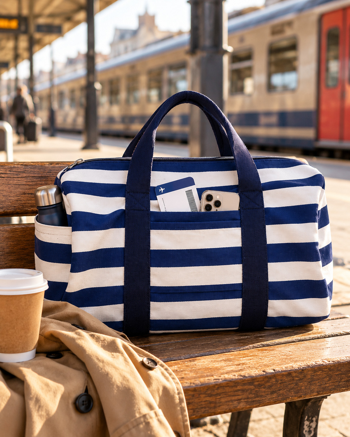 Navy Stripes duffle, train platform