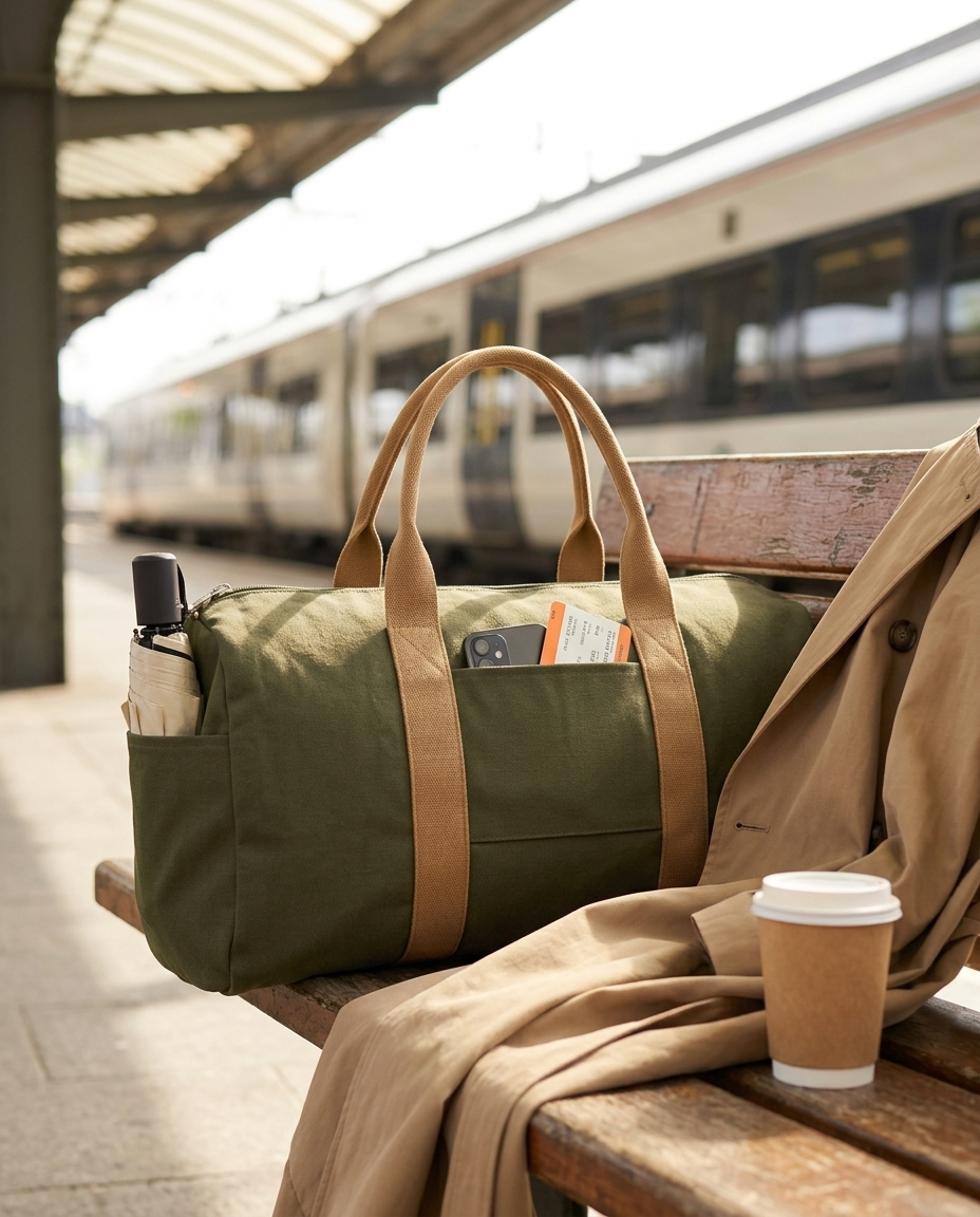 Olive Green duffle, train platform