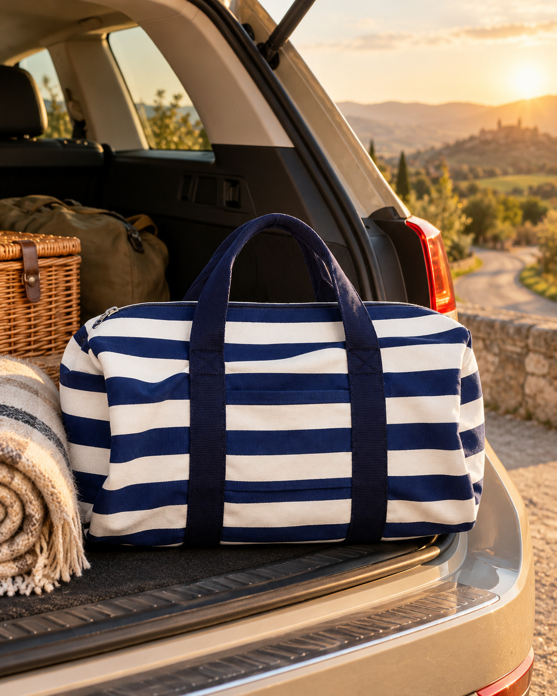 Navy Stripes duffle, road trip
