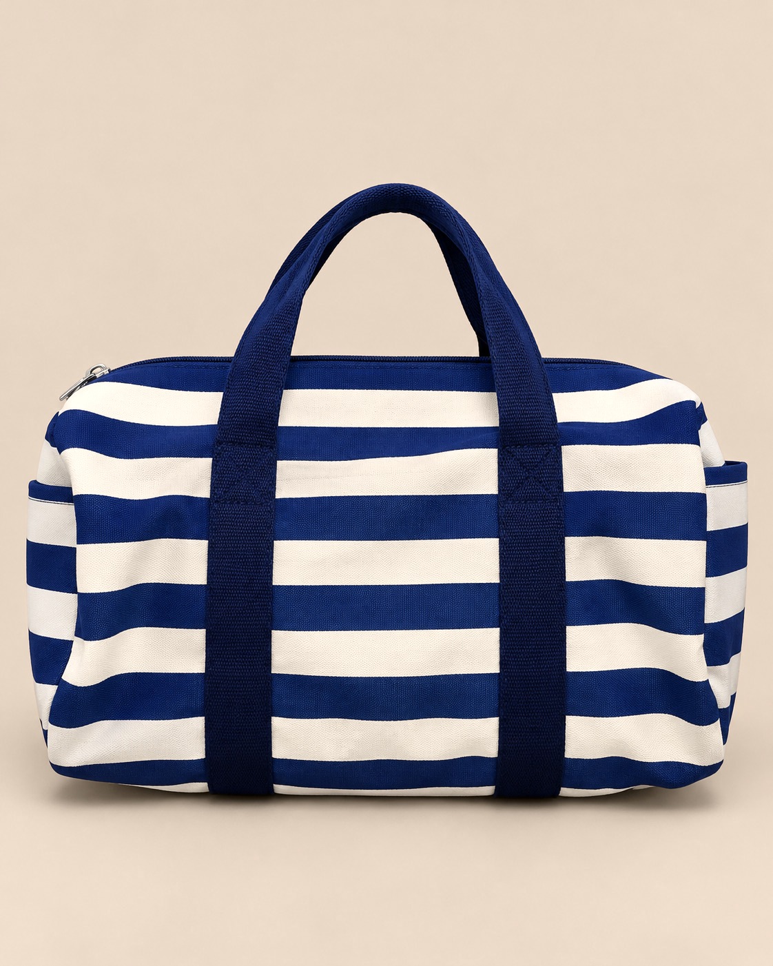 Navy Stripes duffle, studio back
