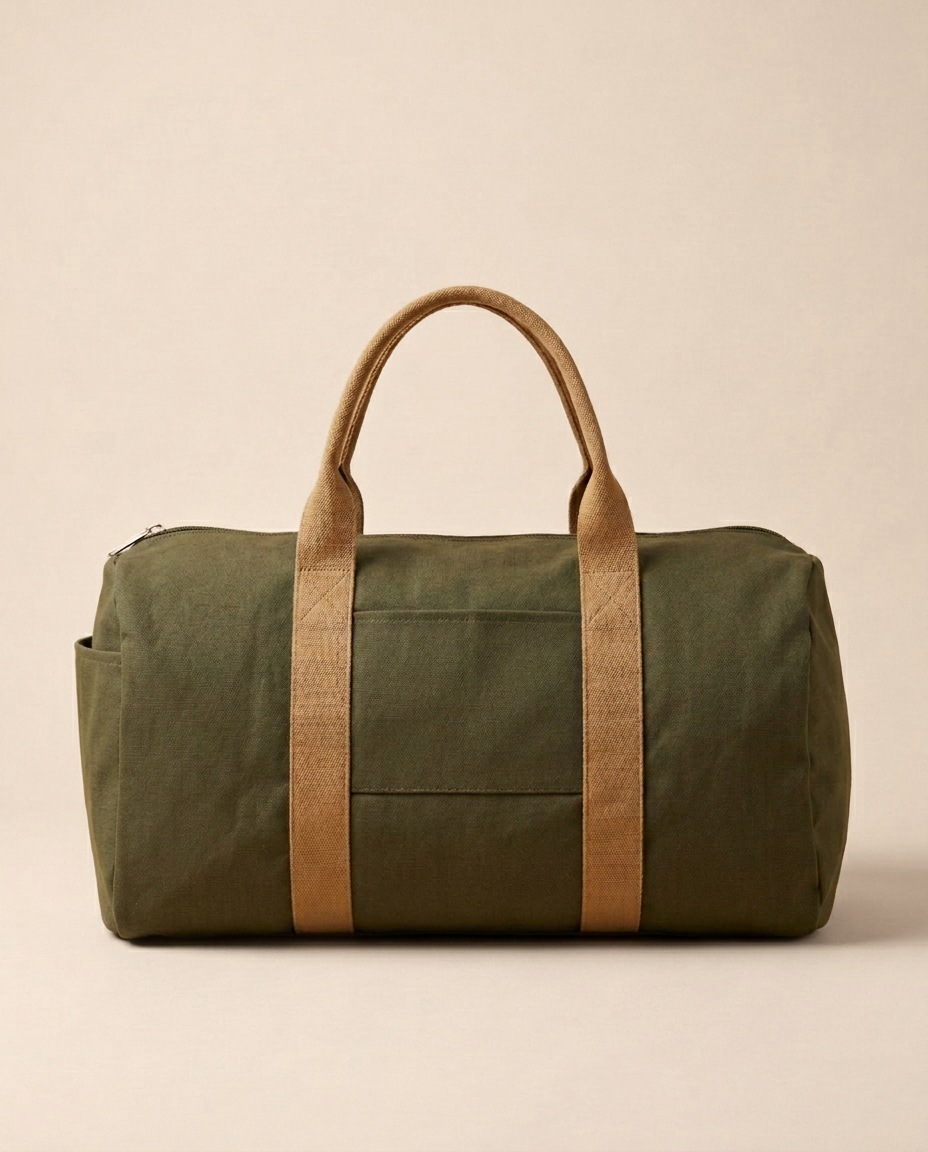 A deep olive green that goes with everything. This roomy duffle is made from sturdy cotton canvas with tan cotton webbing handles, sized for a weekend away, the gym or an overnight trip.

The full-length zip top makes packing easy, the front slip pocket keeps your phone, tickets or a map close at hand, and the end pocket holds a water bottle or umbrella. An interior zip pocket looks after small essentials. Made to replace single-use bags, day after day.

Material: 100% cotton