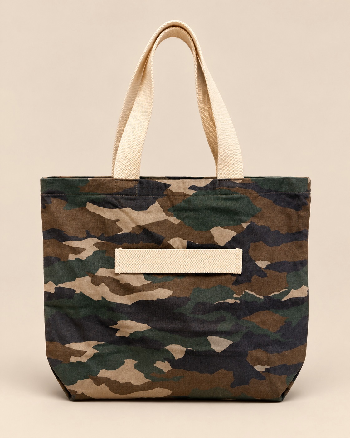 Camo cinch tote, studio with trolley sleeve