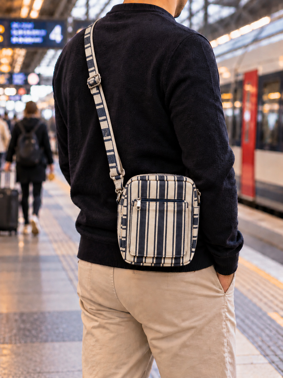 Navy Stripes cross body bag, train station