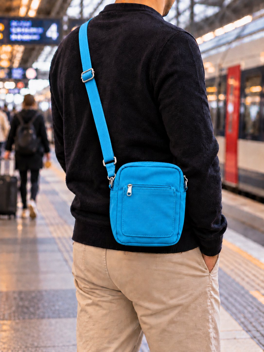 Bright Blue cross body bag, train station