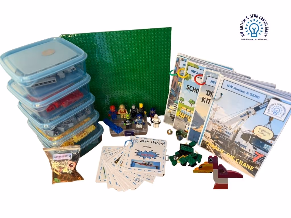 Therapy kits with mini figurines, instruction cards, block pieces, and activity booklets for autism support.