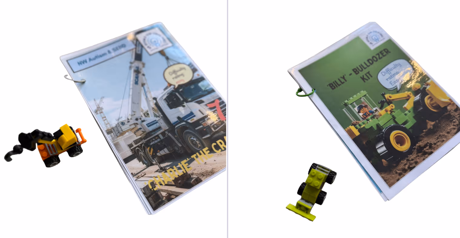 Two construction-themed LEGO kits with instruction booklets and small assembled models of a crane and a bulldozer.