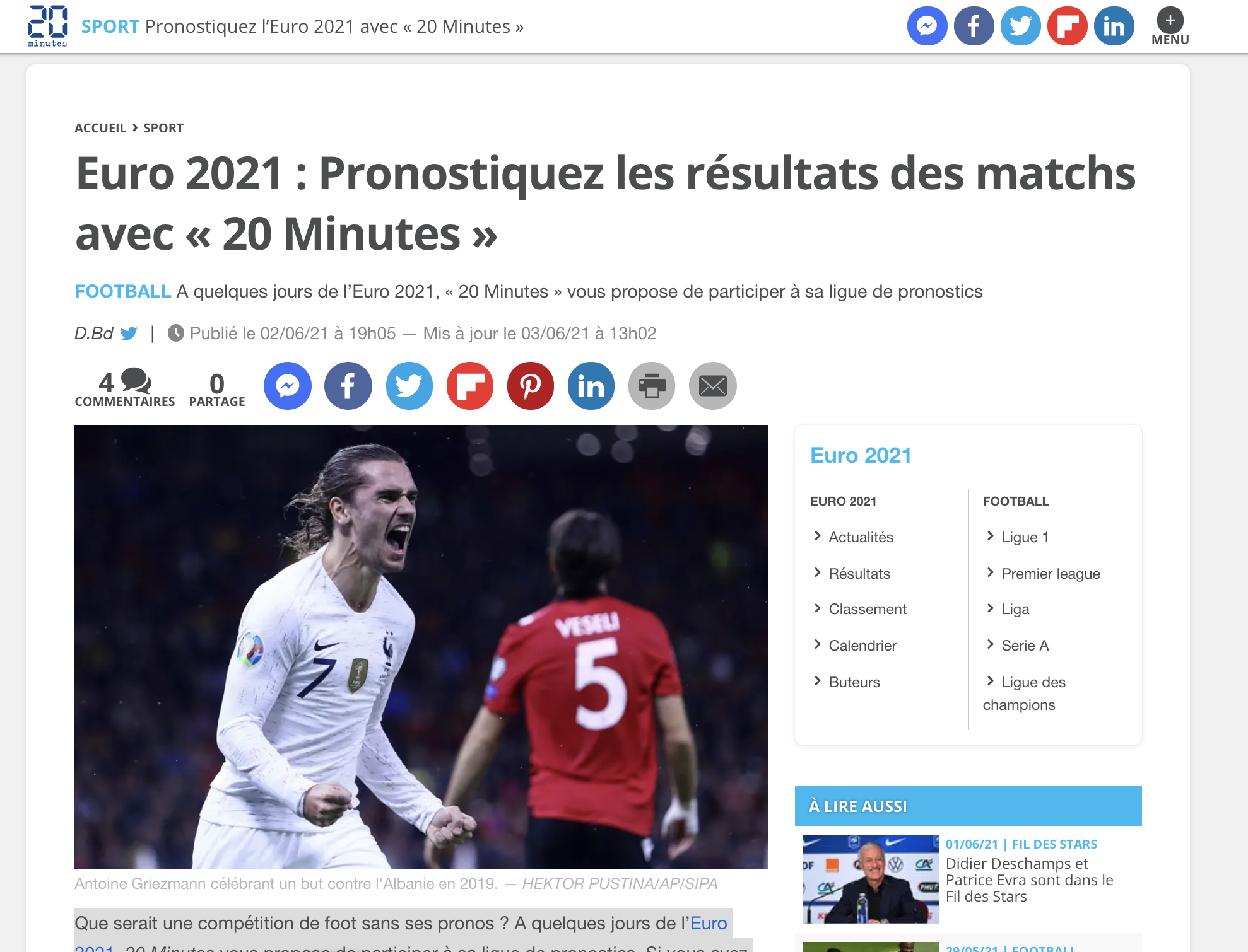 Le média 20 minutes a choisi la plateforme "Scorecast" afin d'offrir un jeu concours de pronostics à son audience pour le prohain Euro 2020 ! 