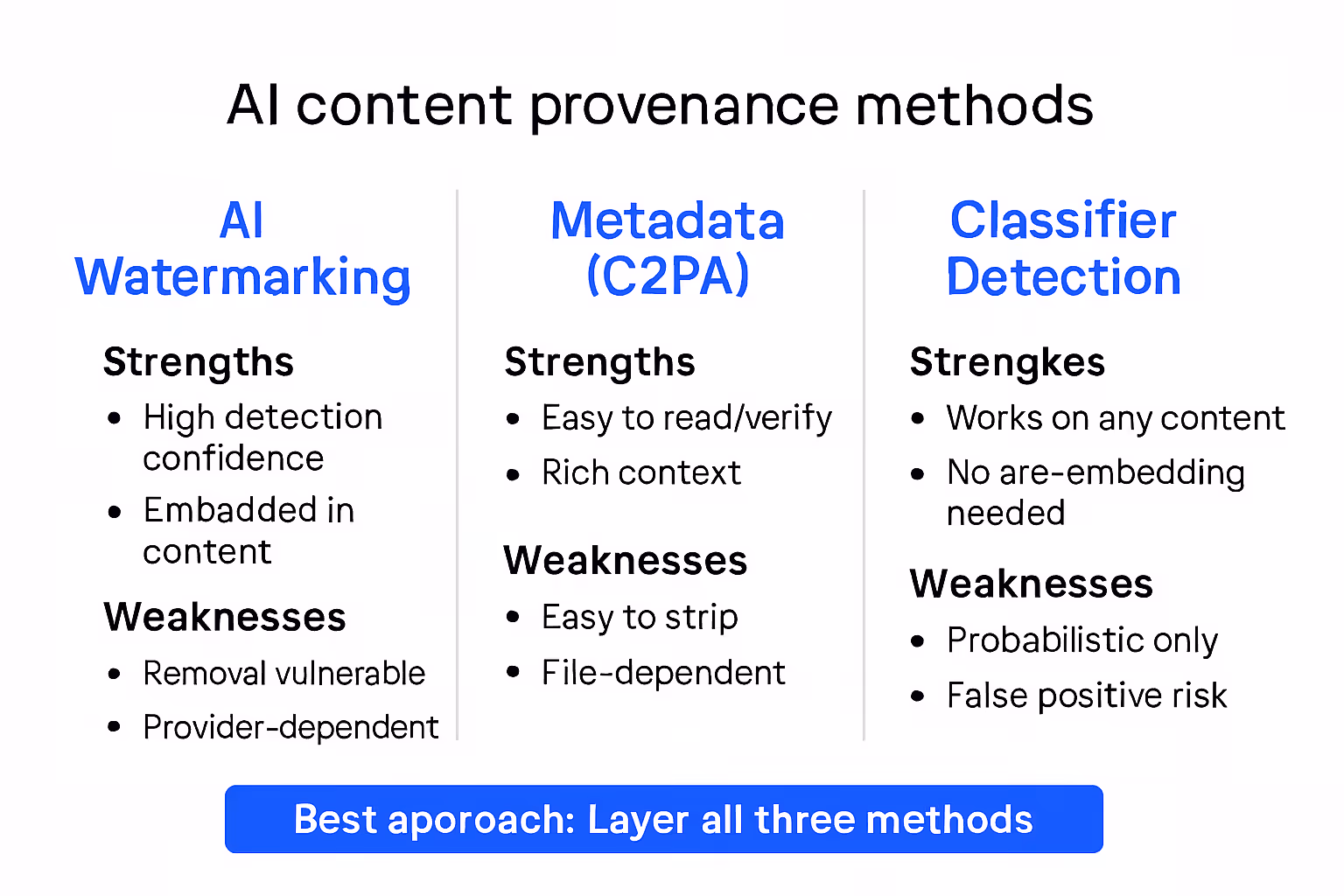 Infographic comparing three AI provenance methods: watermarking, metadata, and classifier detection with strengths and weaknesses