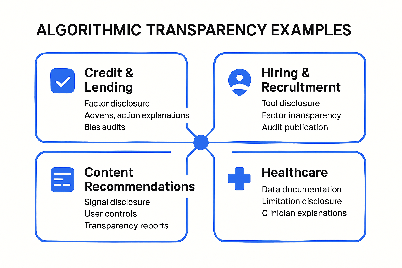 Infographic showing algorithmic transparency practices across four sectors: credit, hiring, content recommendations, and healthcare