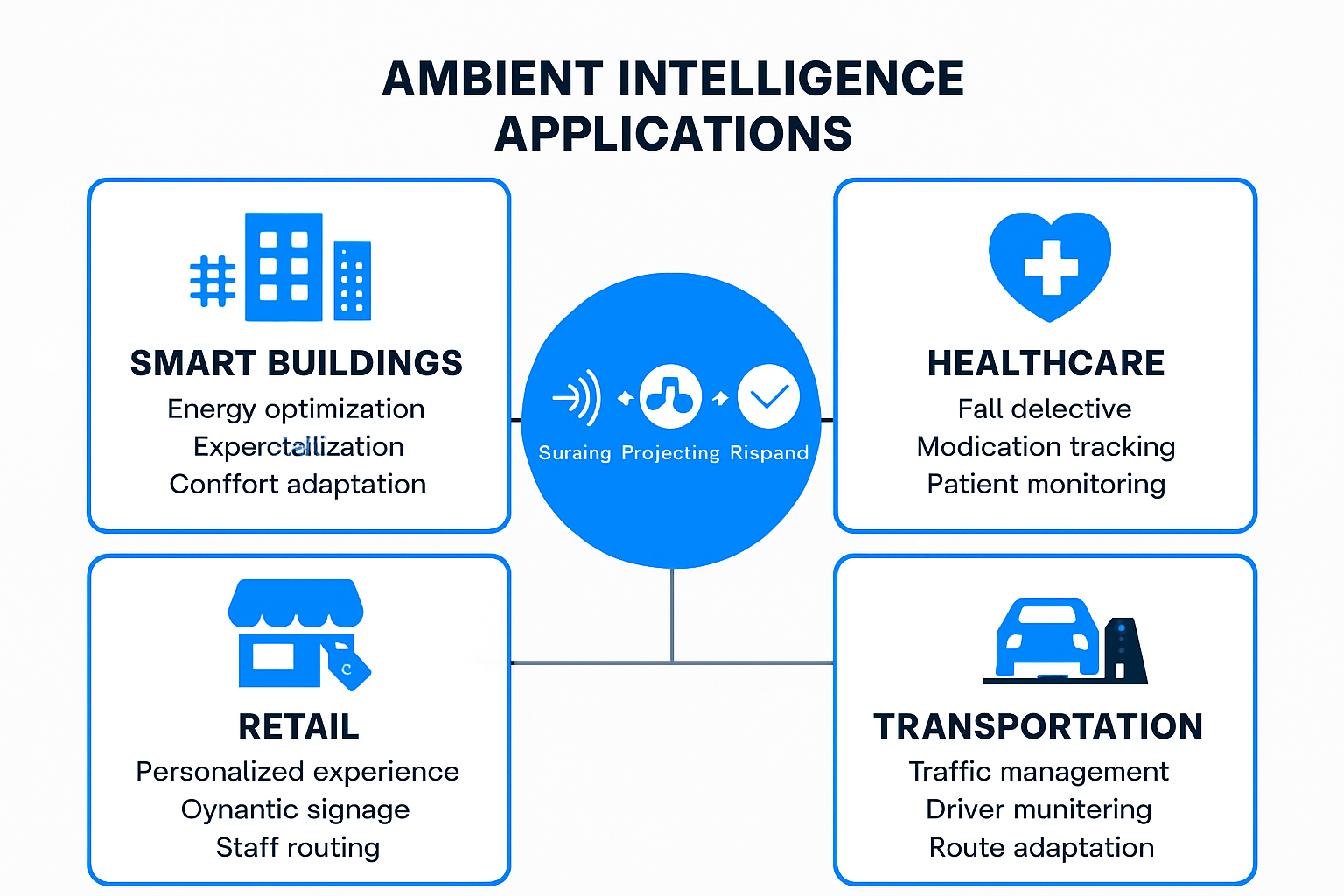 Infographic showing ambient intelligence applications across four industries: smart buildings, healthcare, retail, and transportation
