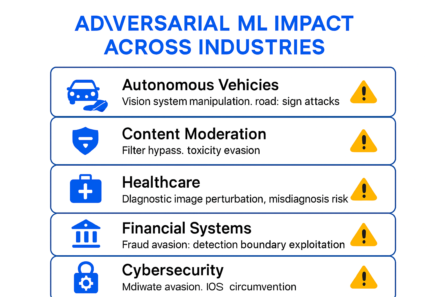 Infographic showing adversarial machine learning impact across five industries: vehicles, content moderation, healthcare, finance, and cybersecurity