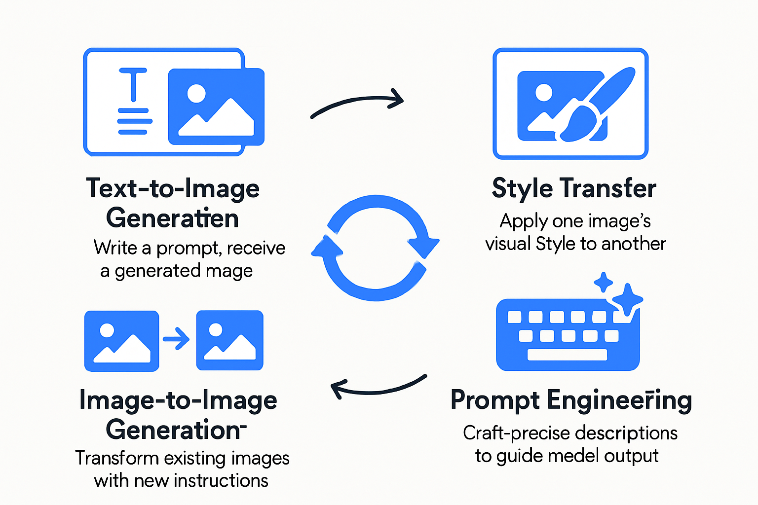 Infographic showing four core AI art techniques: text-to-image generation, style transfer, image-to-image generation, and prompt engineering